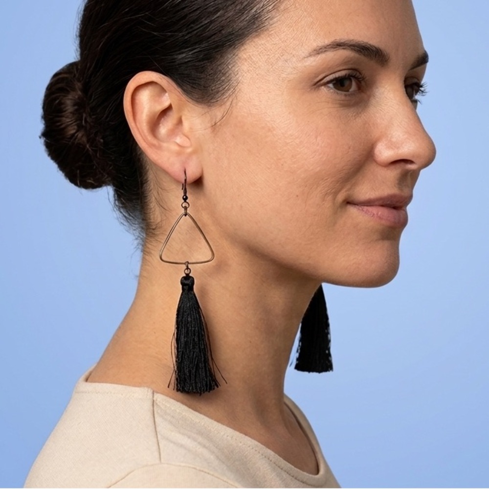 Black Silk Tassel & Gold Geometric Triangle Drop Earrings